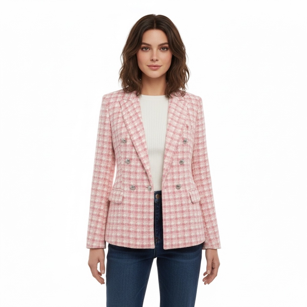 Zara Pink Plaid Double-Breasted Blazer Jacket